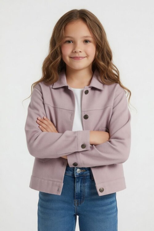Pembe Sırtı Düğme Detaylı Kız Çocuk Gabardin Ceket 24559