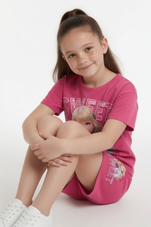 Pembe Sweet Yazılı Karakter Baskılı Kız Çocuk Şortlu 2li Takım 23993