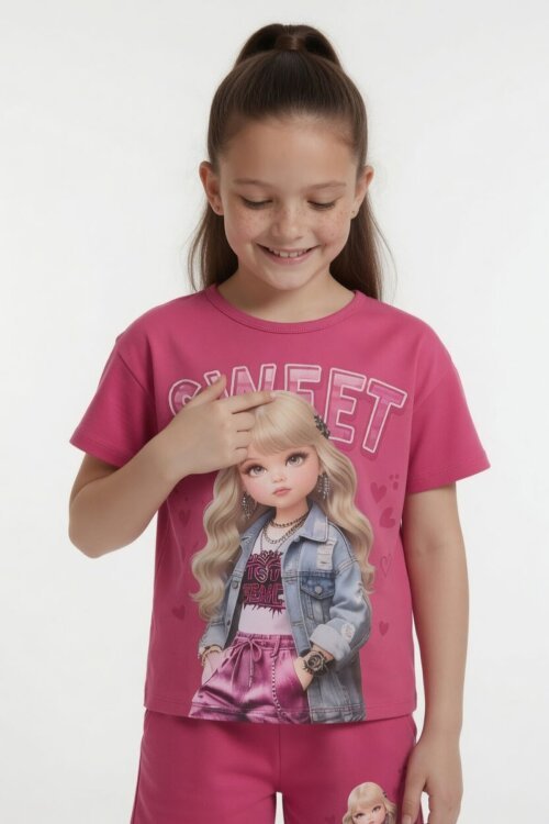 Pembe Sweet Yazılı Karakter Baskılı Kız Çocuk Şortlu 2li Takım 23993