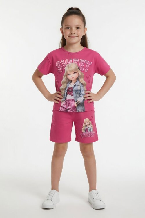 Pembe Sweet Yazılı Karakter Baskılı Kız Çocuk Şortlu 2li Takım 23993