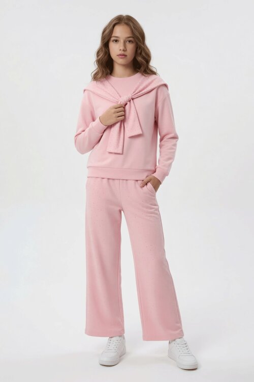 Pembe Taşlı Fular Detaylı Badili Geniş Paça Pantolonlu Kız Çocuk Takım  24704