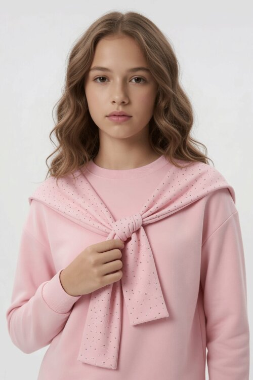 Pembe Taşlı Fular Detaylı Badili Geniş Paça Pantolonlu Kız Çocuk Takım  24704