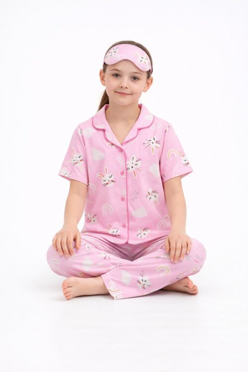 Pembe Tavşan Baskılı Kısa Kol Kız Çocuk Göz Bantlı Pijama Takımı 23820
