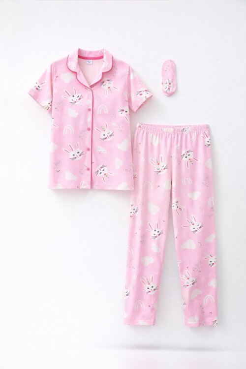 Pembe Tavşan Baskılı Kısa Kol Kız Çocuk Göz Bantlı Pijama Takımı 23820