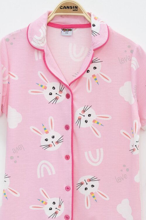 Pembe Tavşan Baskılı Kısa Kol Kız Çocuk Göz Bantlı Pijama Takımı 23820