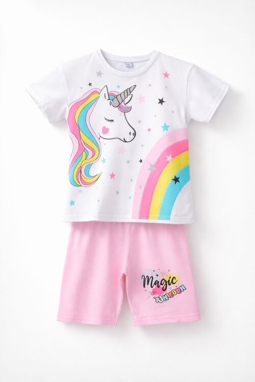 Pembe Unicorn Baskılı Simli Kız Çocuk Tişörtlü Şortlu Takım 23794