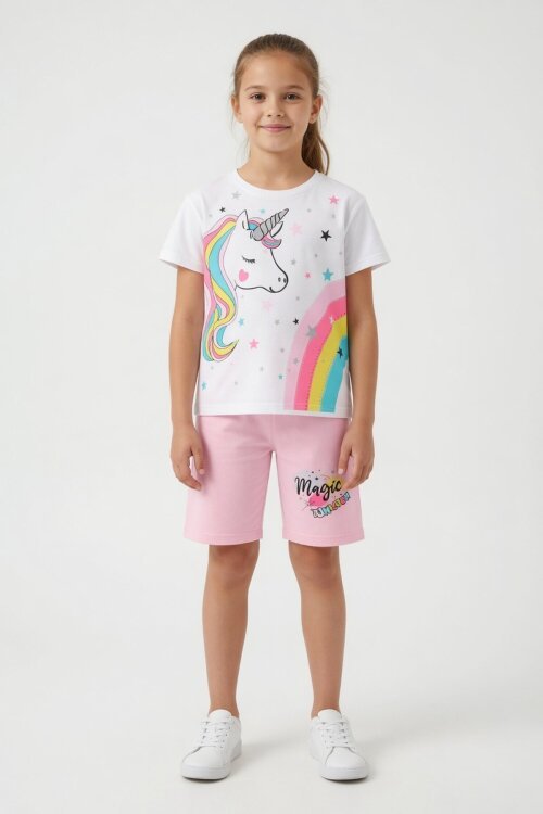 Pembe Unicorn Baskılı Simli Kız Çocuk Tişörtlü Şortlu Takım 23794