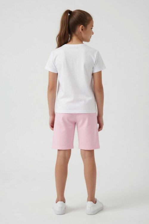 Pembe Unicorn Baskılı Simli Kız Çocuk Tişörtlü Şortlu Takım 23794