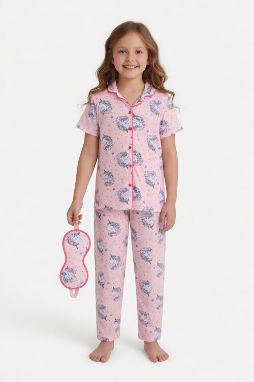 Pembe Unicorn Desenli Kız Çocuk Göz Bantlı Pijama Takımı 24011