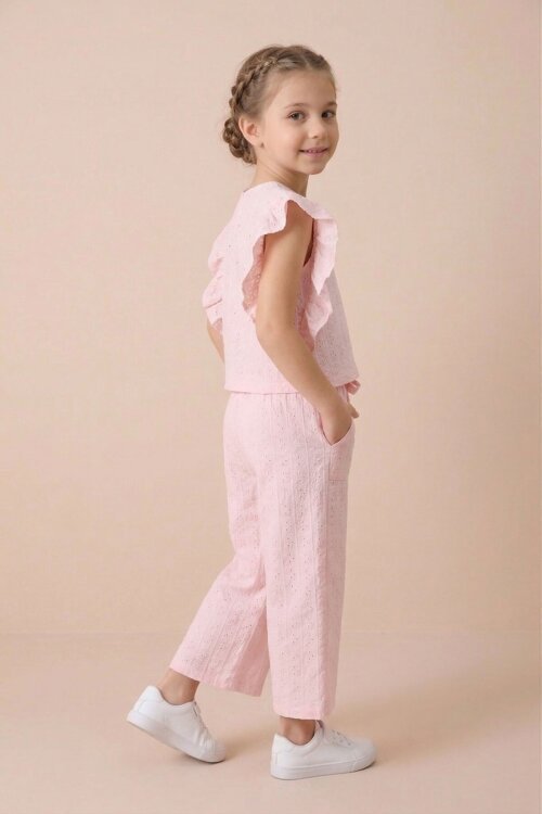 Pembe Volan Detaylı Bluzlu Pantolonlu Kız Çocuk Yazlık Takım 18536