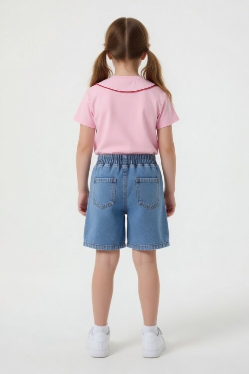 Pembe Yakası Çilek Nakışlı Badili Jean Şortlu Kız Çocuk 2li Takım 24046