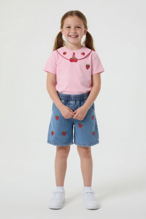 Pembe Yakası Çilek Nakışlı Badili Jean Şortlu Kız Çocuk 2li Takım 24046