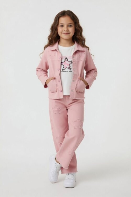 Pembe Yıldız Nakışlı Ceketli Geniş Paça Pantolonlu Püsküllü 3lü Kız Takım 24133