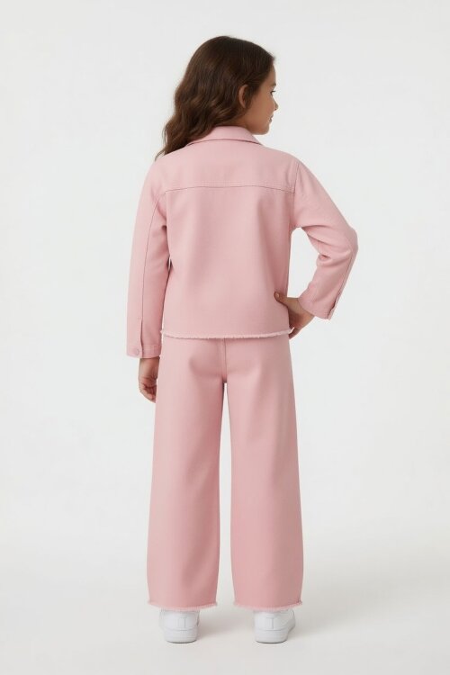 Pembe Yıldız Nakışlı Ceketli Geniş Paça Pantolonlu Püsküllü 3lü Kız Takım 24133