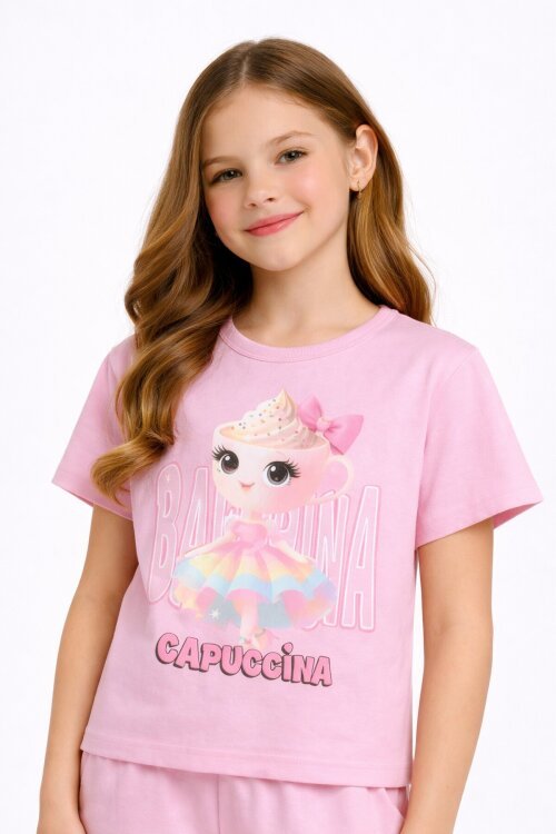 Pudra Balerin Desenli Tişörtlü Kız Çocuk Şortlu 2li Takım 23881