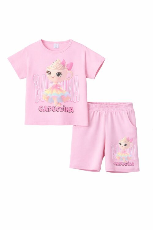 Pudra Balerin Desenli Tişörtlü Kız Çocuk Şortlu 2li Takım 23881