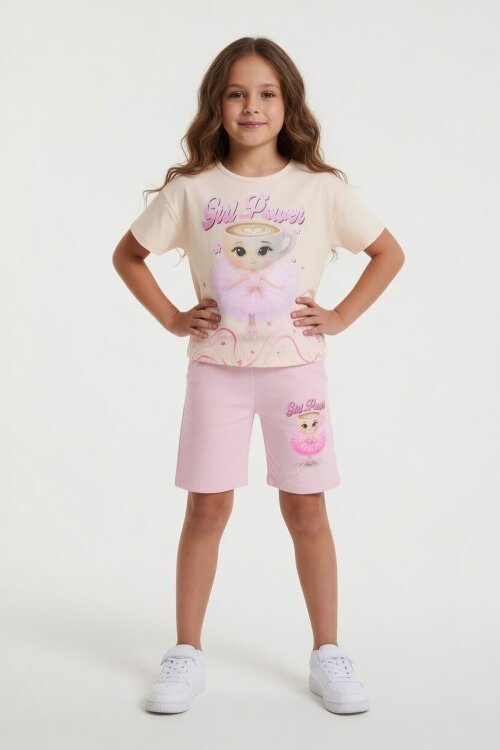 Pudra Balerin Desenli Tişörtlü Kız Çocuk Şortlu 2li Takım 23881