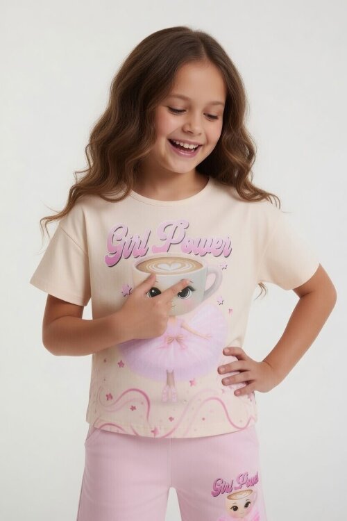 Pudra Balerin Desenli Tişörtlü Kız Çocuk Şortlu 2li Takım 23881