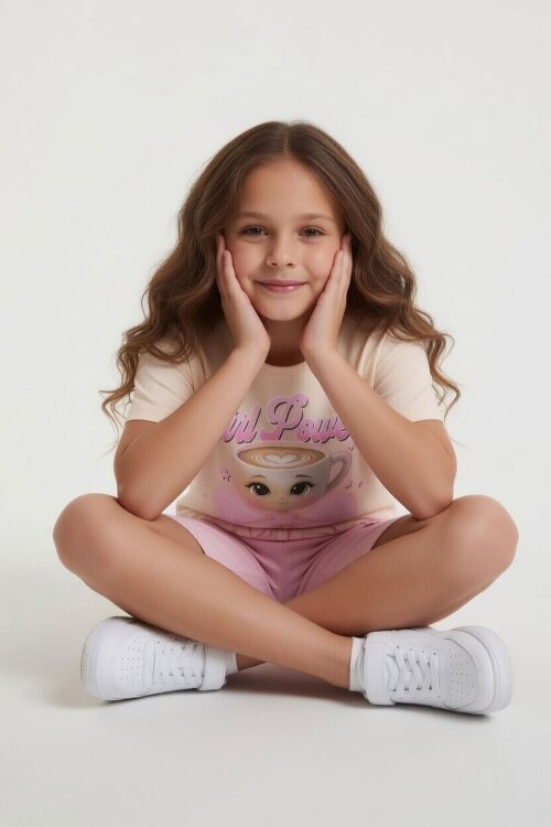 Pudra Balerin Desenli Tişörtlü Kız Çocuk Şortlu 2li Takım 23881