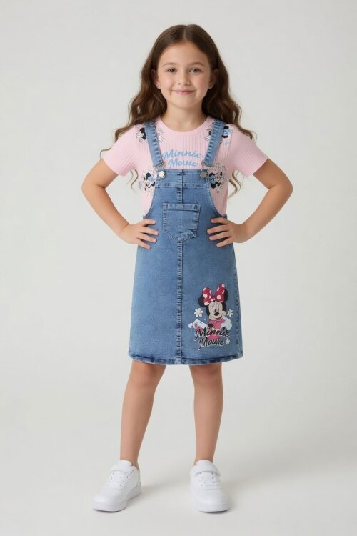 Pudra Çiçekli Minnie Desenli Badili Jean Salopetli Kız Çocuk Takım 24092