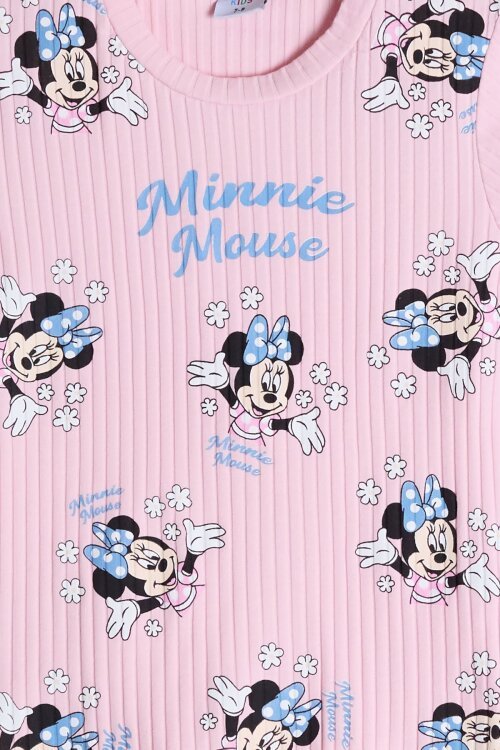 Pudra Çiçekli Minnie Desenli Badili Jean Salopetli Kız Çocuk Takım 24092