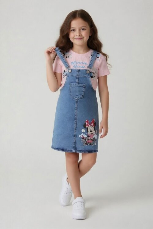 Pudra Çiçekli Minnie Desenli Badili Jean Salopetli Kız Çocuk Takım 24092