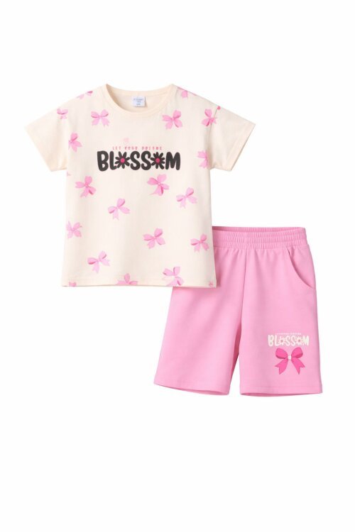 Pudra Fiyonk Desenli Bisiklet Yaka Tişörtlü Kız Çocuk Şortlu Takım 23901