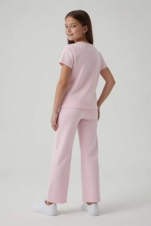 Pudra Kalpli Karakter Baskılı Geniş Paça Pantolonlu Kız Çocuk 2li Takım 23810