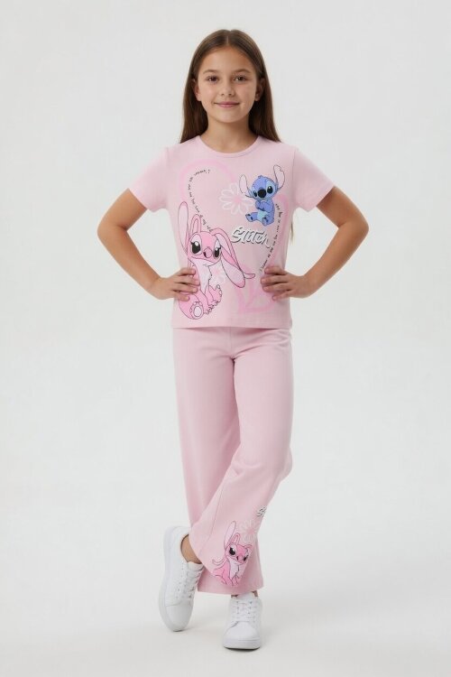 Pudra Kalpli Karakter Baskılı Geniş Paça Pantolonlu Kız Çocuk 2li Takım 23810