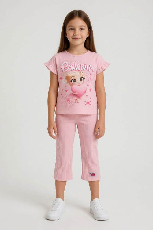 Pudra Karakter Baskılı Tişörtlü Fitilli Pantolonlu Kız Çocuk 2li Takım 23832