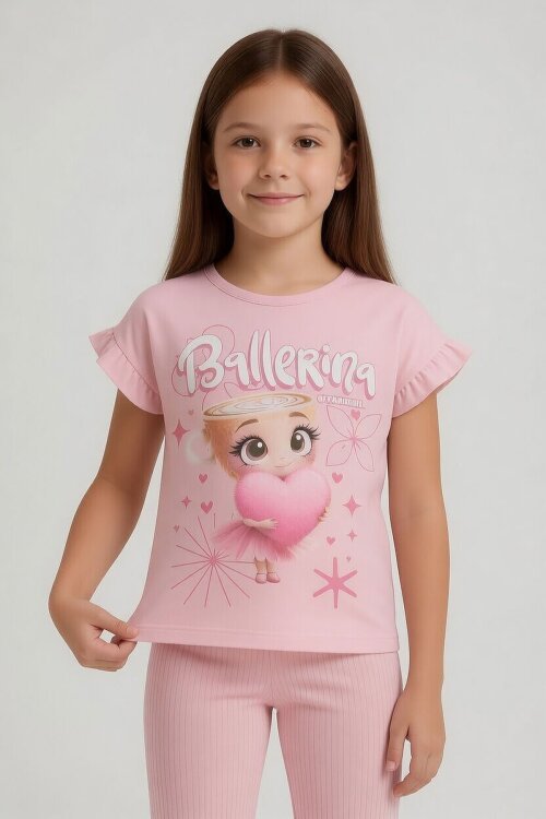 Pudra Karakter Baskılı Tişörtlü Fitilli Pantolonlu Kız Çocuk 2li Takım 23832