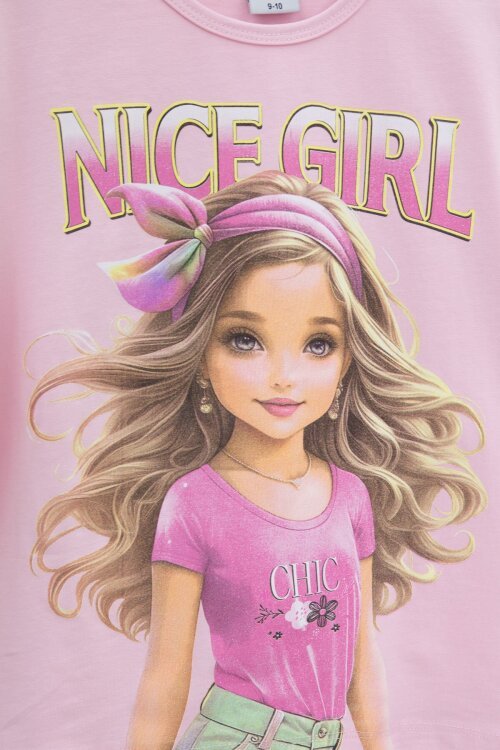 Pudra Kız Karakter Baskılı Geniş Paça Pantolonlu 2li Kız Çocuk Takım 23803