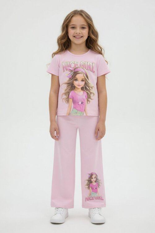 Pudra Kız Karakter Baskılı Geniş Paça Pantolonlu 2li Kız Çocuk Takım 23803
