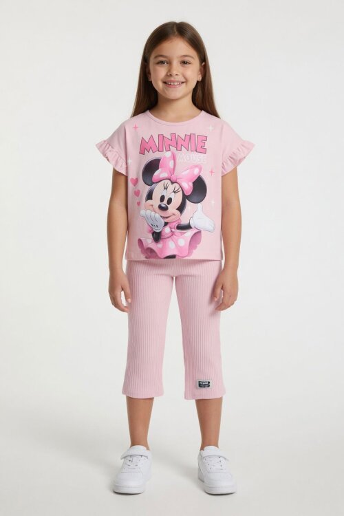 Pudra Minnie Desenli Tişörtlü Fitilli Pantolonlu Kız Çocuk Alt Üst Takım 23836