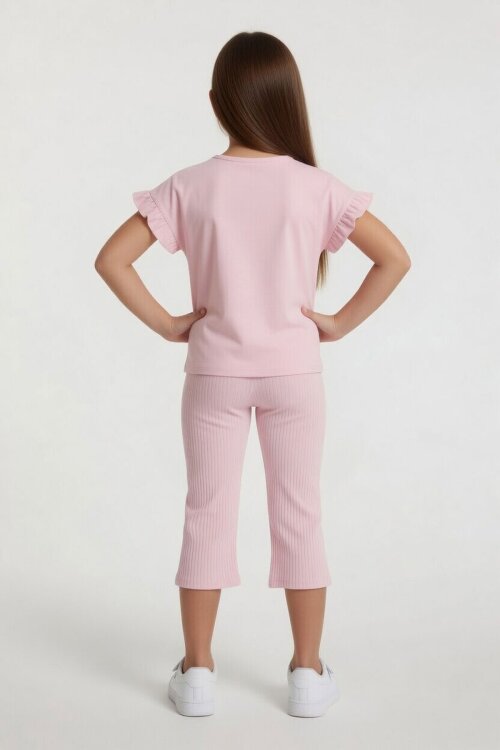 Pudra Minnie Desenli Tişörtlü Fitilli Pantolonlu Kız Çocuk Alt Üst Takım 23836