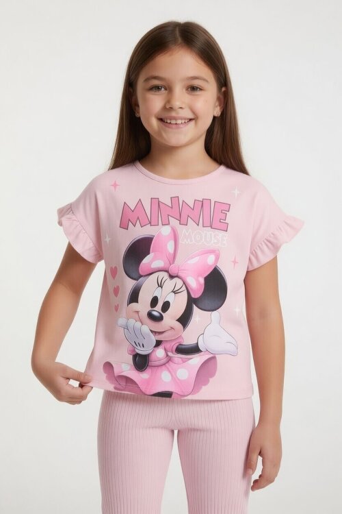 Pudra Minnie Desenli Tişörtlü Fitilli Pantolonlu Kız Çocuk Alt Üst Takım 23836