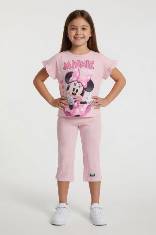 Pudra Minnie Desenli Tişörtlü Fitilli Pantolonlu Kız Çocuk Alt Üst Takım 23836