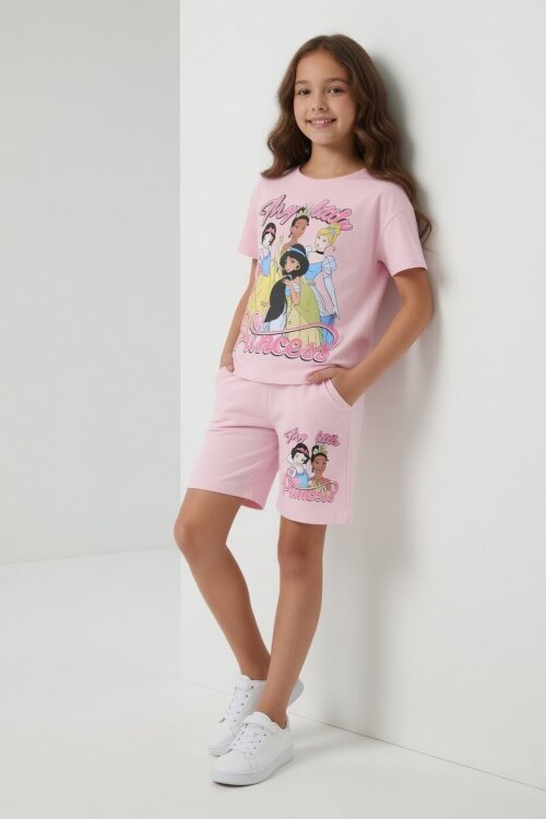 Pudra Prenses Temalı Tişörtlü Kız Çocuk Yazlık Şortlu Takım 23902