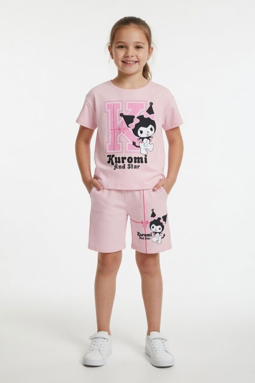 Pudra Sevimli Tavşan Baskı Bisiklet Yaka Kız Çocuk Şortlu Takım 23948