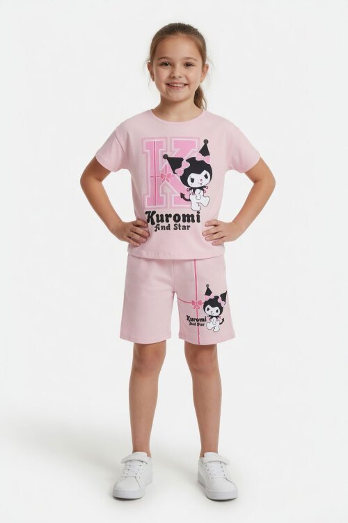 Pudra Sevimli Tavşan Baskı Bisiklet Yaka Kız Çocuk Şortlu Takım 23948