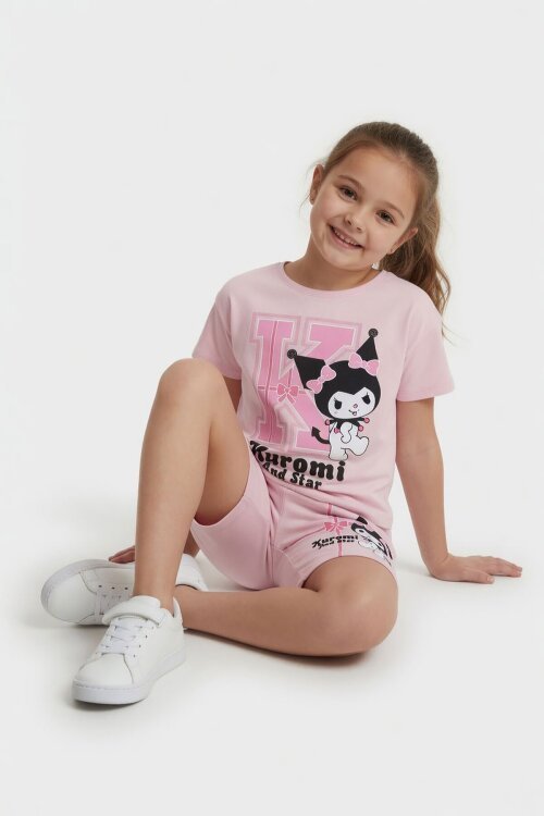 Pudra Sevimli Tavşan Baskı Bisiklet Yaka Kız Çocuk Şortlu Takım 23948