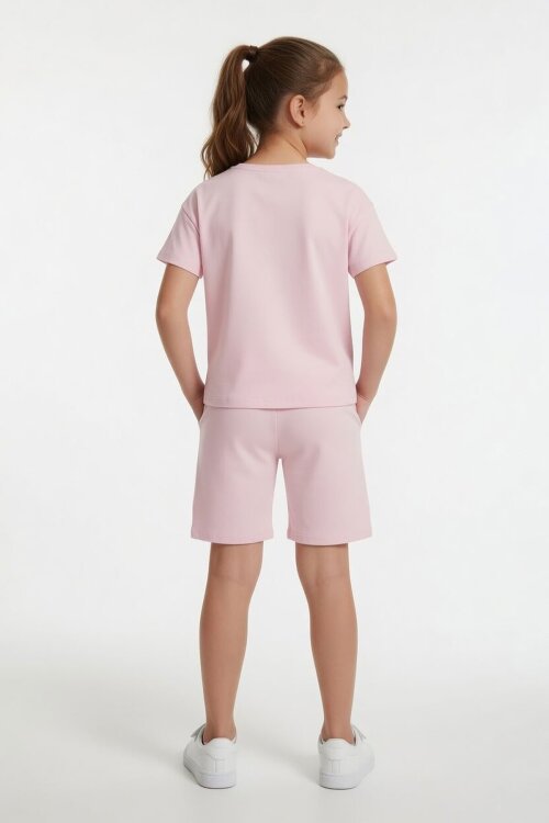 Pudra Sevimli Tavşan Baskı Bisiklet Yaka Kız Çocuk Şortlu Takım 23948