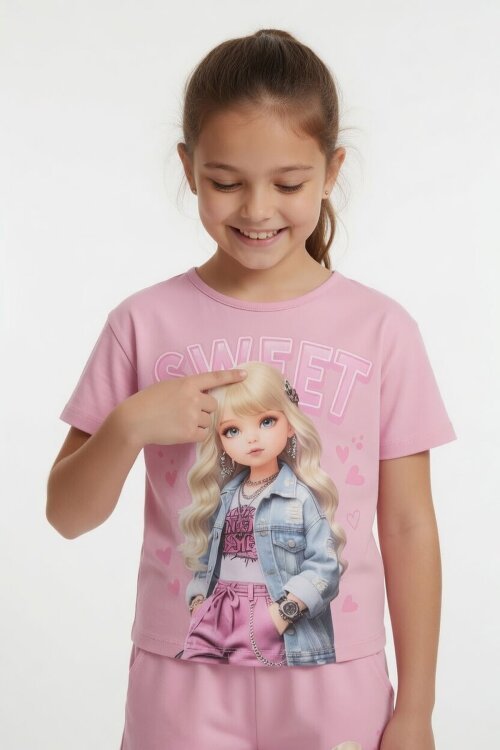 Pudra Sweet Yazılı Karakter Baskılı Kız Çocuk Şortlu 2li Takım 23996