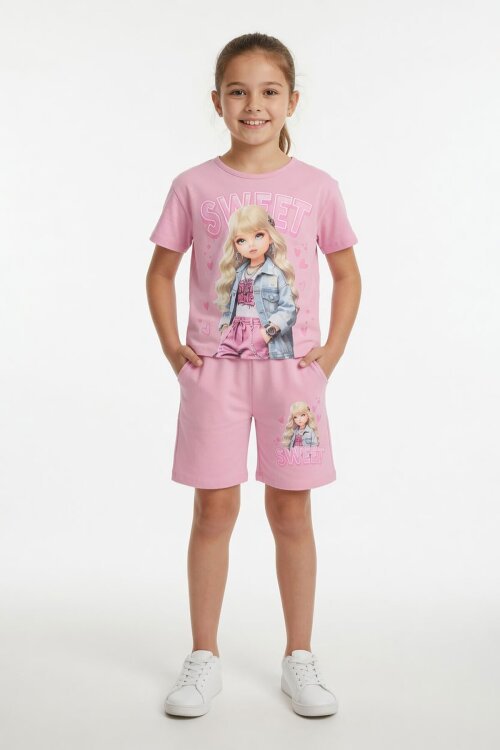 Pudra Sweet Yazılı Karakter Baskılı Kız Çocuk Şortlu 2li Takım 23996