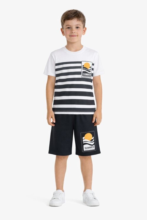 Siyah Çizgi Desenli Summer Baskı Erkek Çocuk Şortlu Tişörtlü Takım 23783