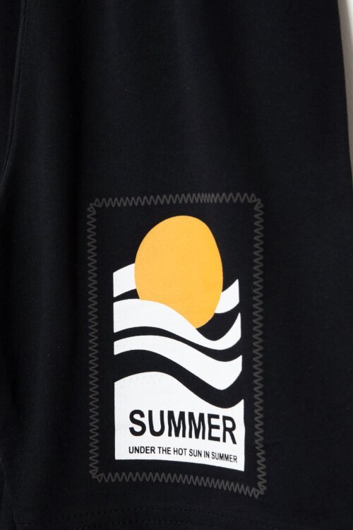 Siyah Çizgi Desenli Summer Baskı Erkek Çocuk Şortlu Tişörtlü Takım 23783