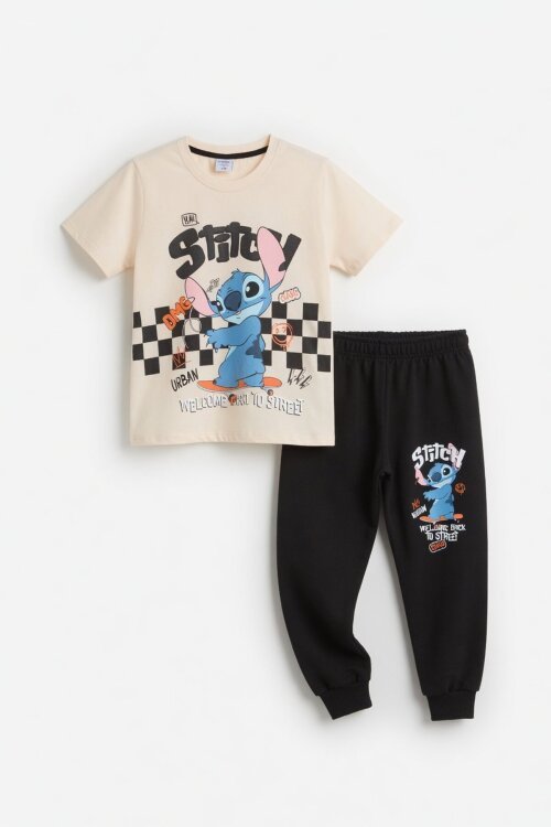 Siyah Çizgi Karakter Baskılı Tişörtlü Erkek Çocuk Eşofman Takımı 23871