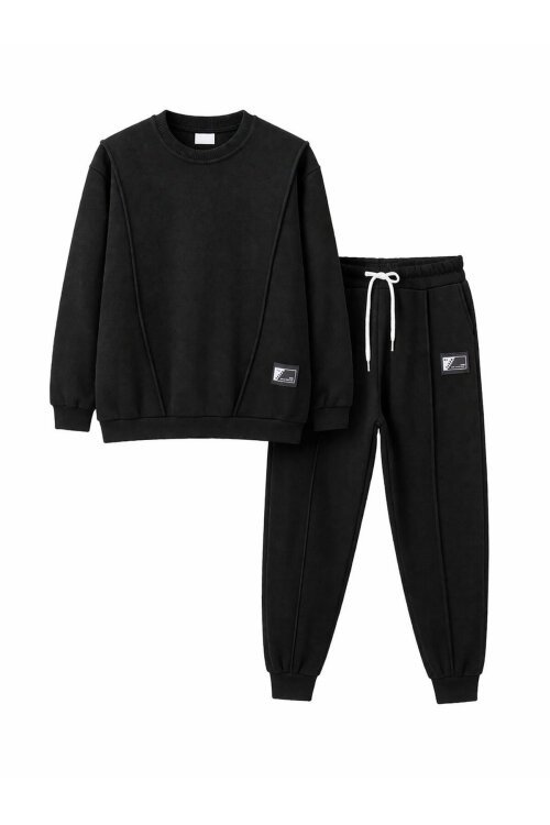 Siyah Erkek Çocuk Arma Detaylı Şardonlu Eşofman Takımı 23349