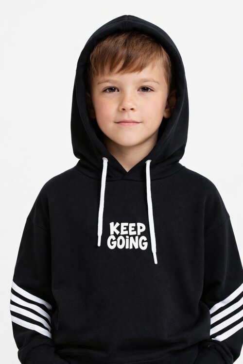 Siyah Erkek Çocuk Keep Going Yazılı Şeritli Erkek Çocuk Kapüşonlu Eşofman Takımı 23416