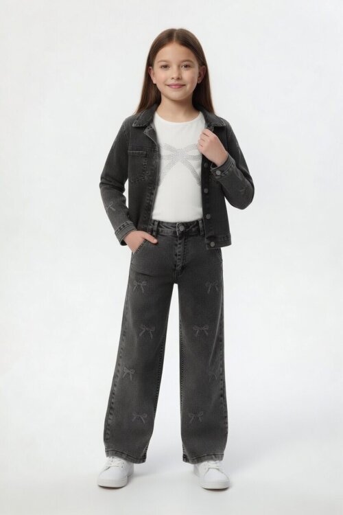 Siyah Fiyonk Desenli Jean Ceketli Pantolonlu Kız Çocuk Badili 3lü Takım 24130
